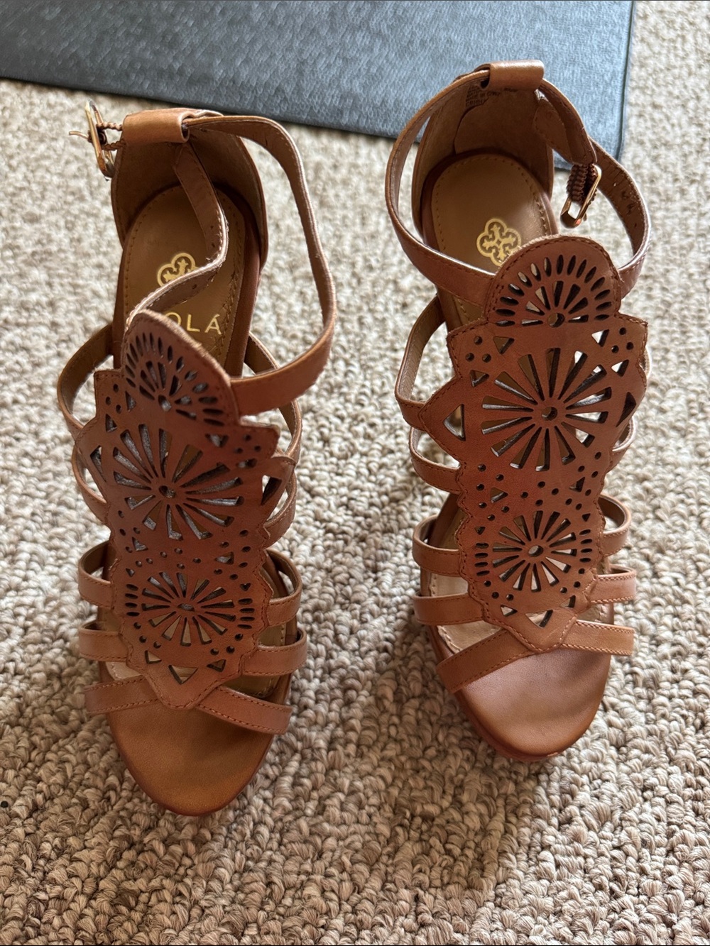 Isola Tan Laser-Cut T-Strap Heels